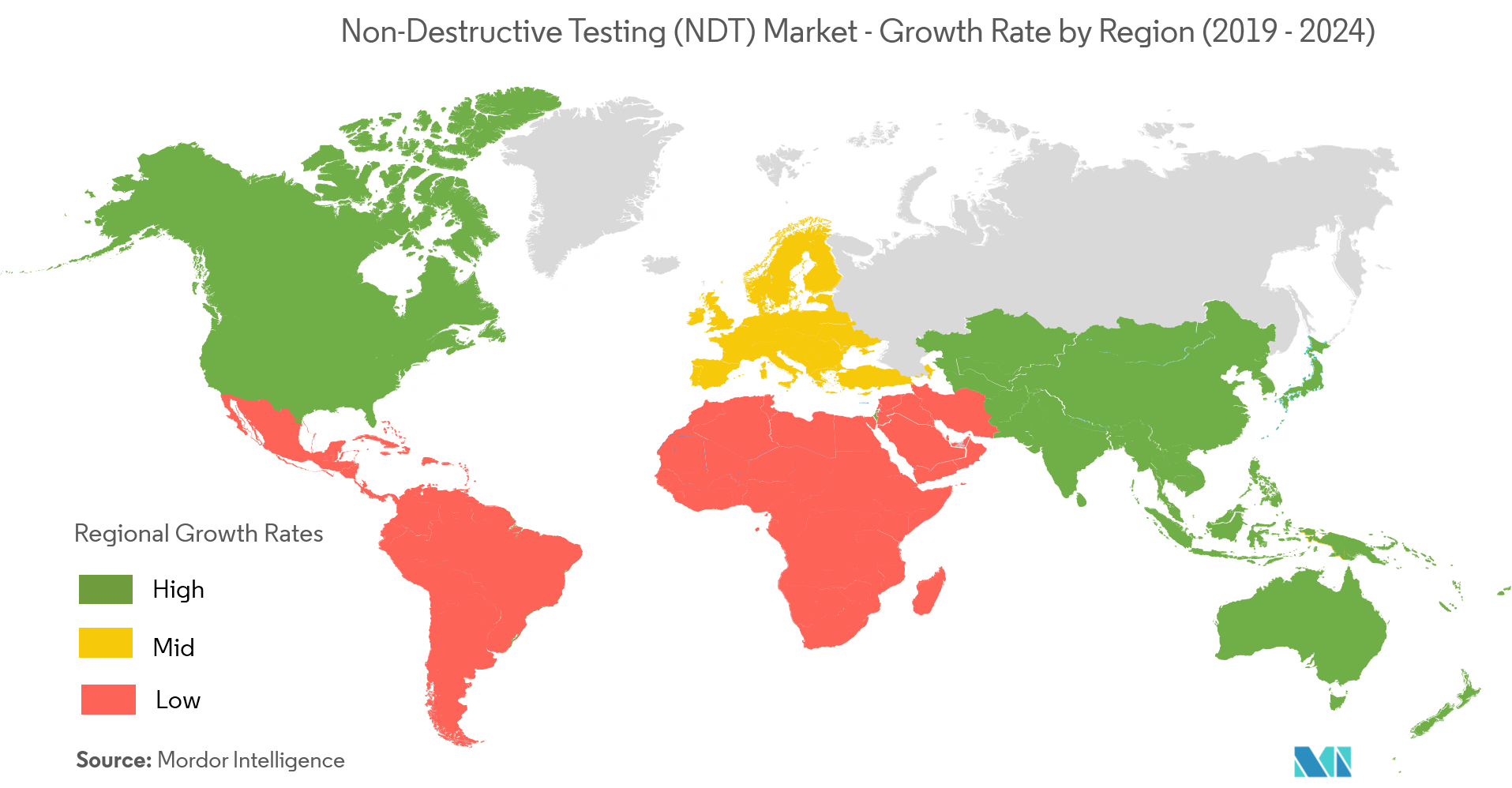 Рынок неразрушающего контроля – темпы роста по регионам (2019–2024 гг.)